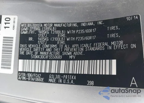 2015 Toyota Sienna Le 8 Passenger from USA, damaged, VIN 5TDKK3DCXFS550689